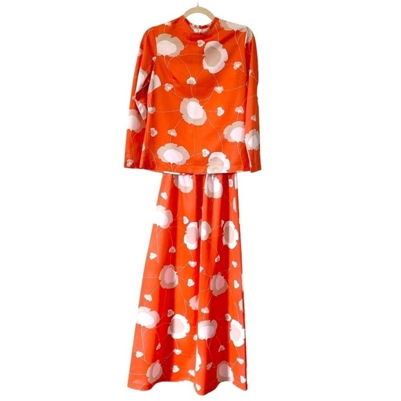 Vintage Top & Maxi Skirt 60s 2 Piece Set Orange Floral Psychedelic Print S / M - Picture 1 of 11